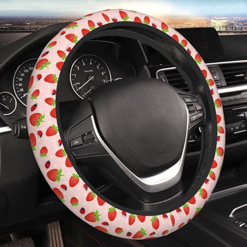 Strawberry Ladybugs Elastic Steering Wheel Cover Non-Slip Breathable Steering Wheel Protector Fit Auto, SUVs, Truck - color: Strawberry Ladybugs