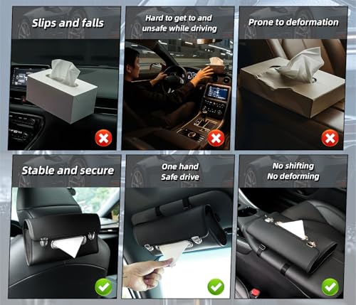 Car Tissue Holder, PU Leather Large Back Seat Tissue Box with Adjustable Straps, Trendy Rectangle Napkin Holder for Car, can Holding on Headrest/Sun Visor/Console