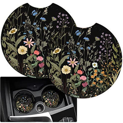 Car Armrest Cover Pads Universal Fashion Cute Auto Center Console Armrest Cover Pad with 2PCS Car Coasters Soft Waterproof Car Armrest Seat Protector for Women Girls, Wildflowers