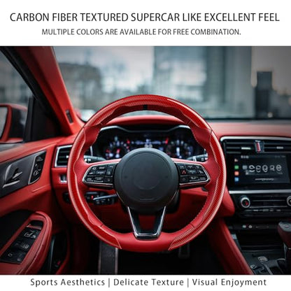 Steering Wheel Covers, Carbon Fiber Anti-Skid Clip on Car Steering Wheel Cover Protector 3PCs, with Magnetic Leather Sunglasses Holder for Car Visor, Red - color: RED