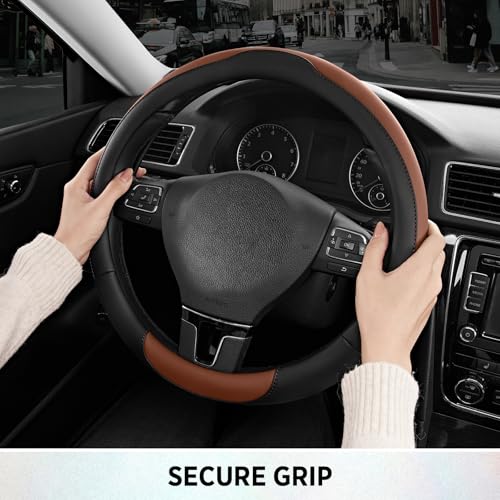 Road Comforts Steering Wheel Cover, Breathable Anti-Slip Leather Steering Wheel Cover, Universal Fit 14.5–15 Inch, Comfortable Grip - Brown Color