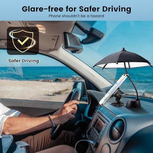OUTXE Car Phone Umbrella for Sun, Suction Cup Phone Umbrella for iPhone/Android, 360°Adjustable Cellphone Sun Shade for Car Dashboard, Vent