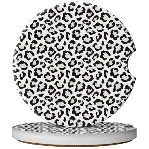 2 Pack Car Coasters for Cup Holders, Absorbent Ceramic Cup Coaster with Cork Base and Finger Notch, Cute Car Accessories Interior for Women Men (Leopard-White) - color: Leopard-White