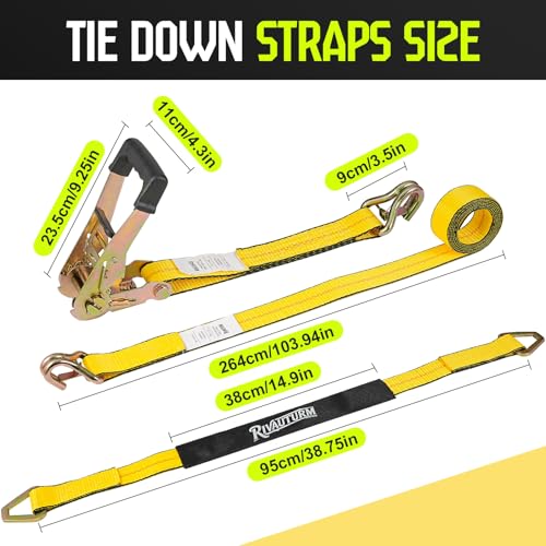 4 Pack Car Tie Down Straps for Trailers - 2" x 10' Ratchet Straps with J-Hooks and 2" x 38'' Axle Straps 10,000lbs Break Strength Heavy Duty Car Hauler Tire Straps for Car, Trailer, UTV Transport - color: Yellow