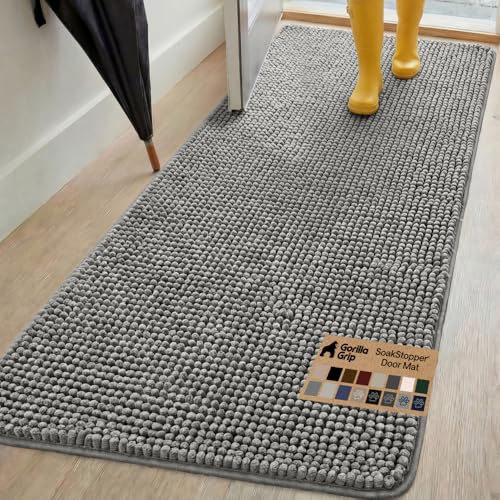 GORILLA GRIP SoakSTOPPER Dog Door Mat, 70x24 Machine Washable Rug Absorbent Doormat Captures Moisture Mud Dirt, Quick Dry Soft Chenille Entryway Rugs Indoor Entrance Mats for Dog Paws, Grey - color: Grey, size: 70" X 24"
