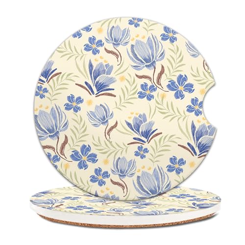 COYEUX Absorbent Car Cup Holder Coaster 2 Pack, Funny Car Accessories Interior, 2.56" Cute Car Coasters with a Finger Notch for Women & Men Blue Cute Floral - color: Blue Cute Floral