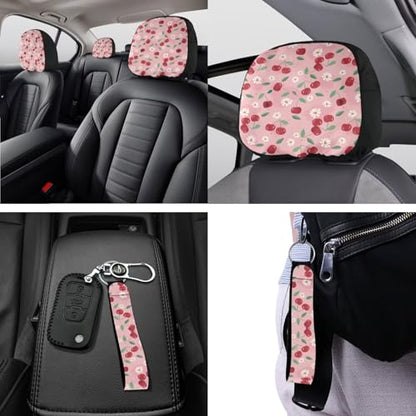 Horeset Daisy Cherry 11 Pieces Car Seat Cover with Headrest Cover Cup Coasters Handbrake Gear Shift Sleeve and Lanyaeds Key Chain Universal Fit Most Cars SUV Van Sedan - color: Daisy Cherry