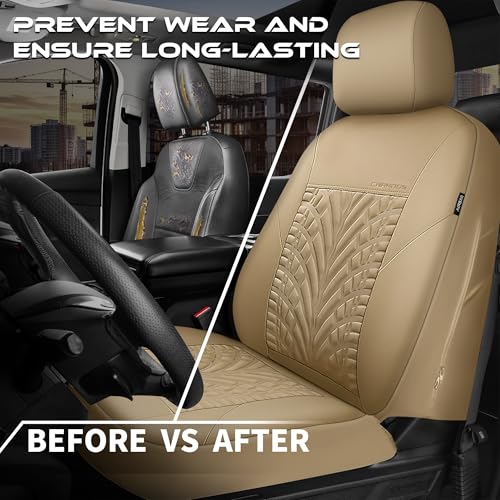 CAR PASS Neoprene Waterproof Seat Covers Full Sets, Wetsuit Car Seat Covers 5 Seats Universal Fit for Vans, Truck, SUV, 3D Tyre Embossed Seat Covers Anti Slip with Armrests, Aibag Compatible All Beige - color: all Beige Neoprene, size: Full sets