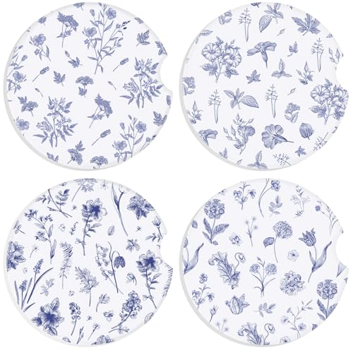 Boao 4 Pcs Vintage Blue Flower Car Cupholder Coasters for Valentine's Day, Ceramic Coasters 2.56'' Anti Slip Base with Finger Notch for Dry Clean, Car Interior Accessories, Birthday Gifts - style: Vintage Blue Flower