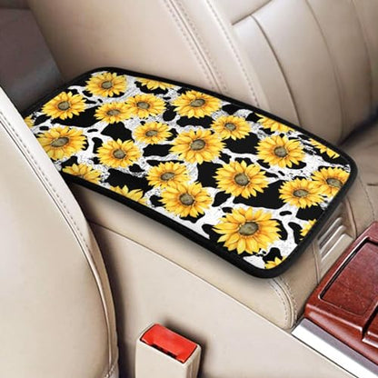Universal Car Center Console Cushion Pad, Cow Print Sunflower Soft Waterproof Car Center Console Cover Auto Armrest Seat Box Cover Protector for Most Vehicle SUV Truck Car - color: Cow Print Sunflower