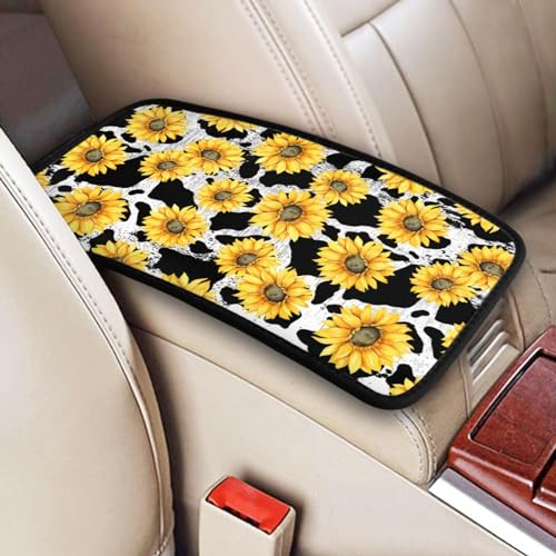 Universal Car Center Console Cushion Pad, Cow Print Sunflower Soft Waterproof Car Center Console Cover Auto Armrest Seat Box Cover Protector for Most Vehicle SUV Truck Car - color: Cow Print Sunflower