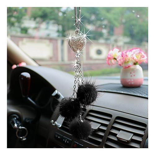 Ziciner Bling Diamond Heart Car Interior Accessories - Heart & Pink Plush Ball Decor Ornament Pendant, Mirror Hanging Decoration Charm (Black) - color: Black