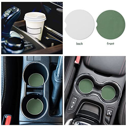 BBTO 4 Car Accessory Set, Steering Wheel Cover, Ceramic Coasters, Daisy Flower Clip Air Freshener, Crystal Hanging Ornament for Women(Sage Green)