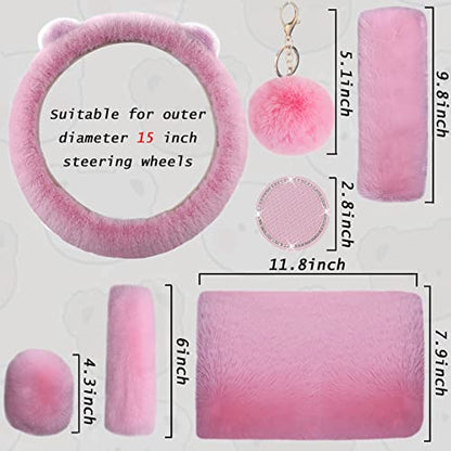 9 Pack Cute Bear Fluffy Steering Wheel Cover with Furry Gear Cover,Handbrake Cover,Seat Belt Pad,Armrest Pad,Bling Car Coaster and Fur Key Chain for Women Girls (Pink) - color: Pink