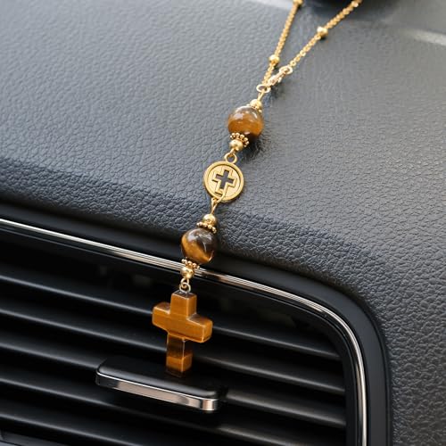 Cross Crystal Hanging Car Charm,Cute Healing Stones Car Decor for Rear View Mirror Boho Handmade Sun Catcher Ornament Accessories Tiger Eye Crystal Protection for Women