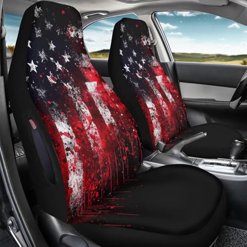 American Flag Print 2 Pcs Car Seat Cover for Front Seats, Tie Dye Printed Non-Slip Car Front Seat Covers Compatible with Airbag, Universal Fits Cars Interior Accessories - color: Black and Red - American Flag Tie Dye