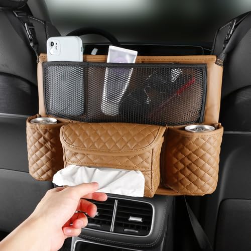 Car Organizer, Leather Large Capacity Car Purse Holder for Front Seat, Seat Back Net Bag Double-sided Tissue Storage Handbag Holder Car Accessories (Brown) - color: Brown