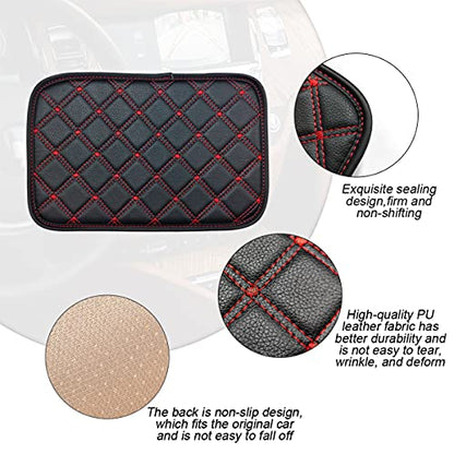 Car Leather Center Console Cushion Pad, 11.4"x7.4" Waterproof Armrest Seat Box Cover Fit for Cars, Vehicles, SUVs, Comfort, Car Interior Protection Accessories (Black/Red-2)