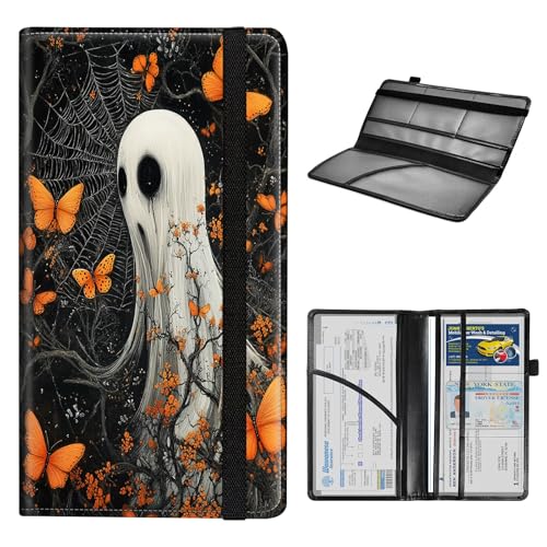 Car Registration and Insurance Holder for Women Men,Automobile License Document Card Holders Vehicle Glove Box Organizer Leather Accessories Driver Essential,Ghost Butterfly Web Halloween - color: Ghost Butterfly Web Halloween