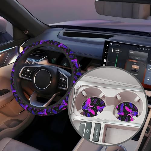Purple Bat on Starry Sky Steering Wheel Cover with 2 Pcs Car Coasters Neoprene Steering Wheel Cover for Women Men Anti-Slip Breathable Car Accessories Universal 15 Inch Fit Auto Cars Trucks - color: Purple Bat on Starry Sky