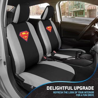BDK Warner Brothers DC Superman Front & Rear Car Seat Covers Full Set - Easy to Install Durable & Polyester Car Seat Cover - All Vehicles Airbag Compatible Universal Car Accessories (Black & Gray) - size: Full Set, style: Superman