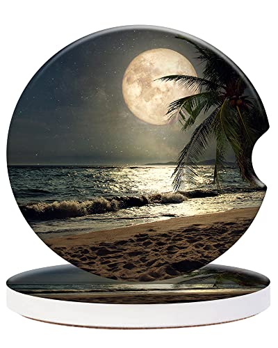 2 Pack Universal Ceramic Car Coasters Tropical Beach Palm Tree with Full Moon Starry Night,Ceramic Stone with A Finger Notch for Easy Removal of Car Cup Holder Coaster - color: Tropical Beach Palm Tree With Full Moon Starry Night