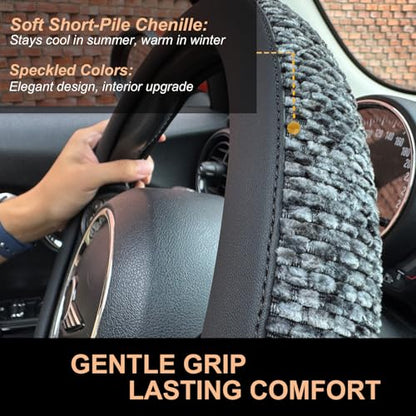 Large Size Chenille Leather Steering Wheel Cover, Soft Mottled Colors, Sweat-Proof, Non-Slip Grip, All-Season Comfort, 15.5-15.75 Inch(Mottled Gray)