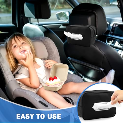 Car Tissue Holder, PU Leather Backseat Rectangle Napkin Organizer Tissue Box Cover Keep Car Tidy, Tissues Dispenser with 4 Hooks for Cars (COLOR:Black)