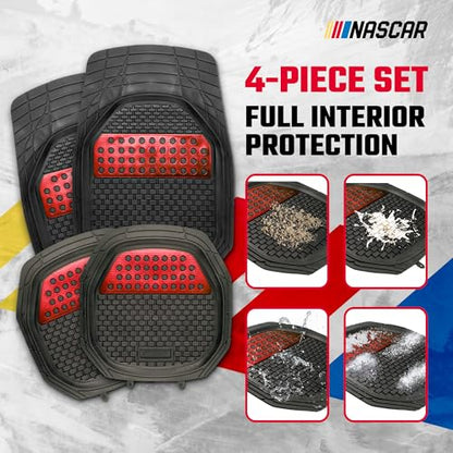 NASCAR Elite Car Floor Mats – 4-Piece Set | Heavy Duty All-Weather Rubber | Universal Trim-to-Fit for Cars, Trucks, & SUVs | Traps Dirt, Snow & Water | Red & Black Floor Mats