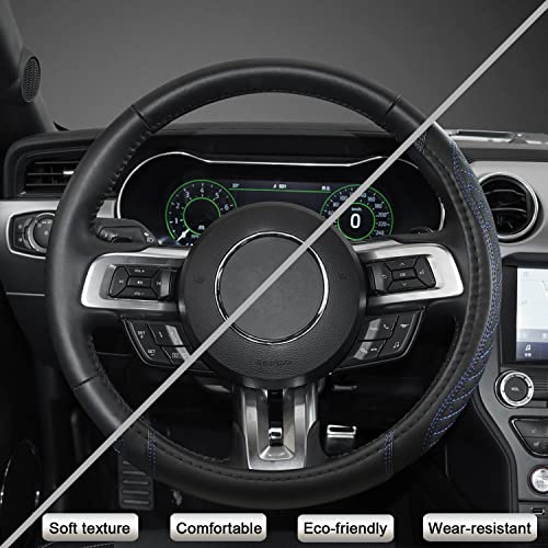 Car Steering Wheel Cover for Ford Escape,Explorer,Fusion,Focus,Bronco,Transit,Edge(Diamond Quilted - Black+Blue- Standard Size)