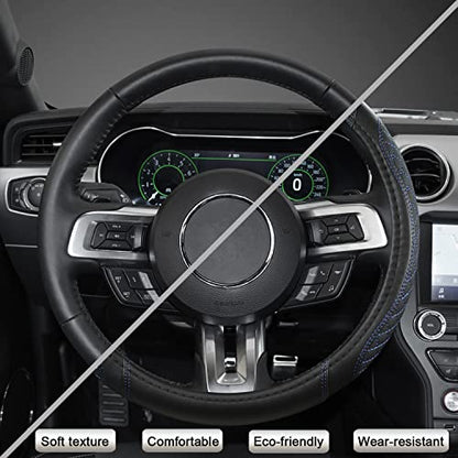 Car Steering Wheel Cover for Ford Escape,Explorer,Fusion,Focus,Bronco,Transit,Edge(Diamond Quilted - Black+Blue- Standard Size)