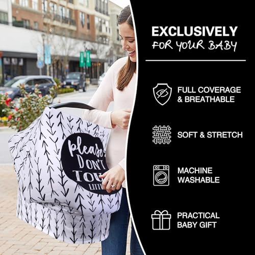 Metplus Car Seat Cover Baby, No Touch Sign Carseat Canopy, Nursing Breastfeeding Covers, Stretchy Universal Fit, Multi-Use for Stroller/Shopping Cart/High Chair, Gender Neutral Shower Gift - color: STOP Black Arrow