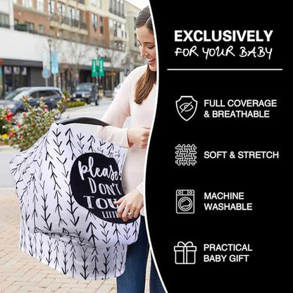 Metplus Car Seat Cover Baby, No Touch Sign Carseat Canopy, Nursing Breastfeeding Covers, Stretchy Universal Fit, Multi-Use for Stroller/Shopping Cart/High Chair, Gender Neutral Shower Gift - color: STOP Black Arrow