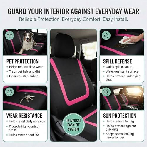 FH Group Full Set Car Seat Covers Unique Flat Cloth, Front Set and Solid Bench Cover with Gift, Easy to Install- Universal Fit for Cars Trucks and SUVs (Pink) - color: pink