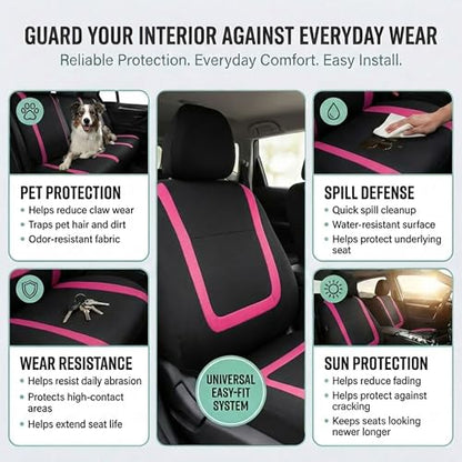 FH Group Full Set Car Seat Covers Unique Flat Cloth, Front Set and Solid Bench Cover with Gift, Easy to Install- Universal Fit for Cars Trucks and SUVs (Pink) - color: pink