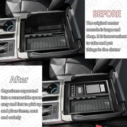 HGWEI Center Console Organizer Compatible with Ford F150 2015-2020, 2017-2022 F250 F350 F450, 2018-2024 Expedition Accessories, Insert Tray Armrest Storage Box, Full Console w/Bucket Seats ONLY, Black