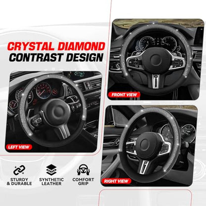 Auto Dynasty Diamond Steering Wheel Cover, Microfiber Leather Car Steering Wheel Protector with Glitter Crystal Sparkling Rhinestones, Anti-Slip, [14 1/2 to 15 Inches] Universal Fit Cars Trucks SUVs - color: C-shape Diamond