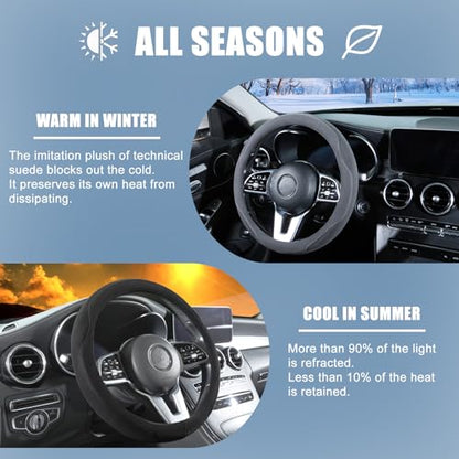 Black Suede Steering Wheel Cover, Breathable Non-Slip Sweat-Proof Wear-Resistant No Pilling, Warm in Winter and Cool in Summer, Universal 15 inch - color: Black, size: Round-M[14.5''-15'']