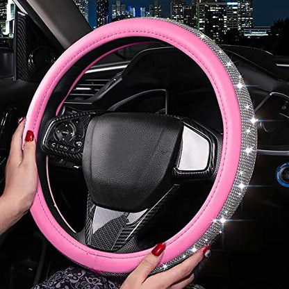 Bling Diamond Leather Steering Wheel Cover for Women Girls with Crystal Rhinestones, Universal Fit 14.5-15 Inch Car Steering Wheel Cover Accessories - color: Hot Pink
