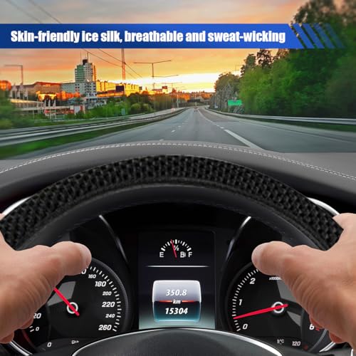 Elastic Stretch Steering Wheel Cover, 15" Breathable Microfiber Ice Silk Steering Wheel Protector, Universal Anti-Slip Car Warm in Winter&Cool in Summer Accessories for Men Women (Black) - color: Black