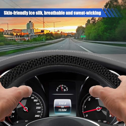 Elastic Stretch Steering Wheel Cover, 15" Breathable Microfiber Ice Silk Steering Wheel Protector, Universal Anti-Slip Car Warm in Winter&Cool in Summer Accessories for Men Women (Black) - color: Black