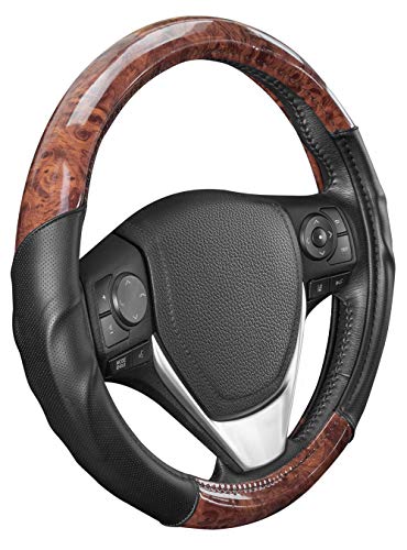 BDK Dark Wood Grain Steering Wheel Cover with Black Faux Leather Comfort Grip, Standard 15 inch Size, Car Steering Wheel Cover for Truck Van SUV Auto - color: #17 Dark Wood Grain & Black, size: Fits 14.5 - 15" SW