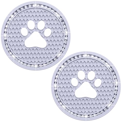 2PCS Bling Car Cup Holder Coaster, Universal Dog/Cat Paw Auto Non-Slip Crystal Rhinestone Cup Holder Coaster, 2.75In Universal Non-Slip Recessed Car Interior Accessories (Gray & White) - color: Gray & White, size: 2 pcs