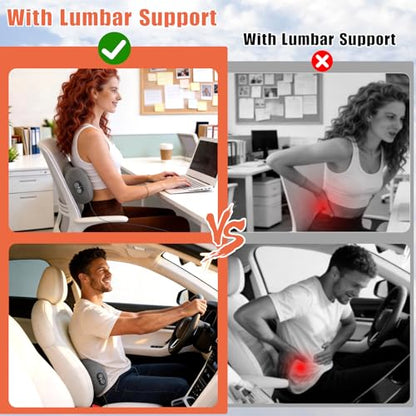3-in-1 Electric Lumbar Support Pillow with Heat, Vibration and Traction, Triple Fusion Low Back Massager for Pain Relief Deep Tissue, Ergonomic Memory Foam Lumbar Support Massager for Car/Bed/Office