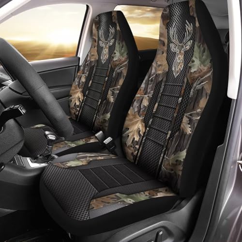 Camo Hunting Buck 2 Piece Car Front Seat Covers Only, Universal Washable Breathable, Waterproof Auto Seat Protector Cover - color: Green Camo hunting Buck