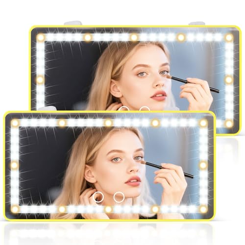 SINGARO 2PCS Car Sun Visor Vanity Mirror - Rechargeable Makeup Mirror with 60 LEDs, 3 Light Modes & Dimmable Touch Control for Cars, Trucks, SUVs, Car Interior Accessories for Women (Yellow) - color: Yellow, size: 2PCS