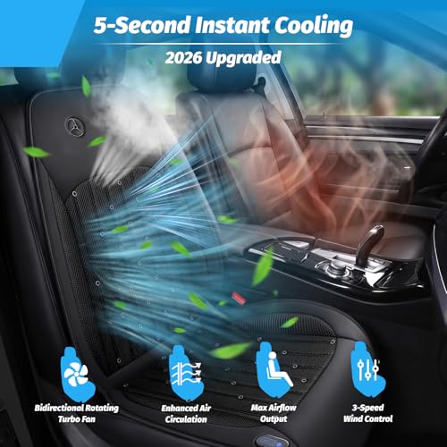 Cooling Car Seat Cover with 2 Powerful Turbo Fans – 12V-24V Ventilated Car Seat Cushion, 3-Speed Breathable Cooling Pad for Sweaty Back, Universal Fit for Car SUV Truck (Black)