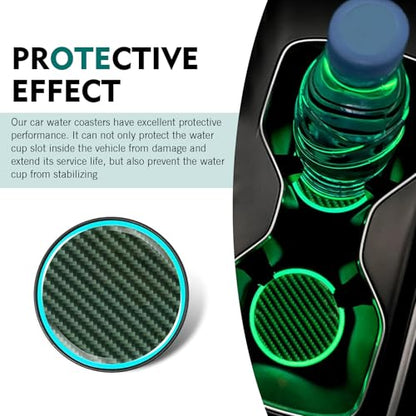2 PCS Car Cup Coasters, Non-Slip Heat Insulation Cup Holder Liner with Luminous Edge, Anti-Scratch Reusable Insert Coaster, Universal 2.83" Round Protective Mat for Cars (Carbon Fiber Black)