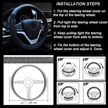 Alusbell Breathable Auto Car Steering Wheel Cover for Men and Women Microfiber Leather 15 Inches Black