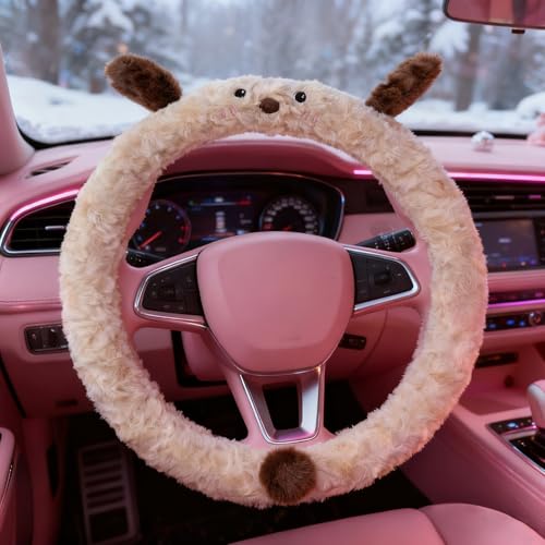 Soft Plush Fluffy Steering Wheel Cover for Women Girls, Universal 14.5-15 Inch Non-Slip Warm Winter Car Steering Wheel Protector, Stylish Cartoon Car Interior Decoration Accessories